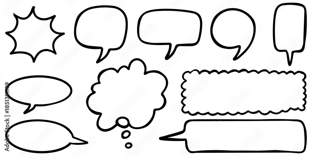 Obraz premium Hand drawn set of speech bubbles and comic blank balloons, doodle style vector illustration isolated on white background.