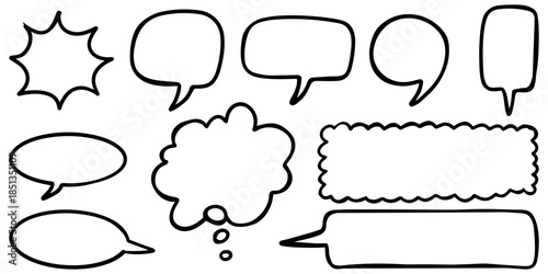 Hand drawn set of speech bubbles and comic blank balloons, doodle style vector illustration isolated on white background.