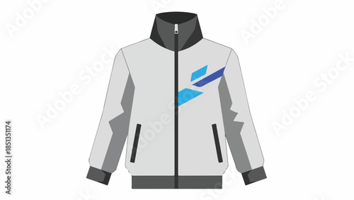 Graphic illustration of a white zip-up jacket with a blue logo on a plain white background.