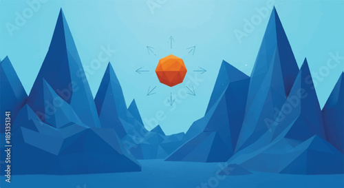 Conceptual low-poly landscape design featuring a glowing orange central sun with outward arrows over stylized blue mountain peaks