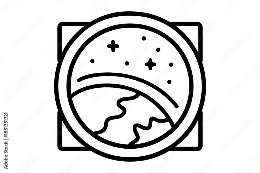 Fototapeta premium Earth From Space Window. Line vector icons of Earth view from space hotel window: circular porthole, Earth curvature, star dots,