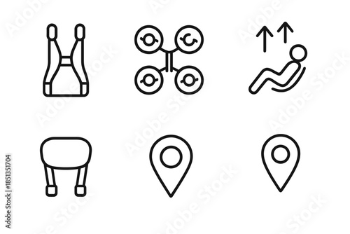 Wearable Flight Apparatus Icons. Line vector icons of wearable flight apparatus: harness frame, small rotors, body seat link, lift
