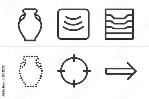 3D Artifact Scan Icons. Line vector icons of 3D capture of an artifact: relic shape, scanning wave, depth pattern, point mesh,