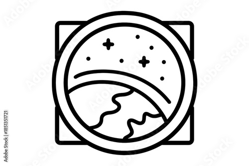 Earth From Space Window. Line vector icons of Earth view from space hotel window: circular porthole, Earth curvature, star dots,