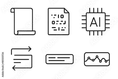 Ancient Translation Icons. Line vector icons of archaic text machine translation: scroll band, coded marks, AI unit, switching