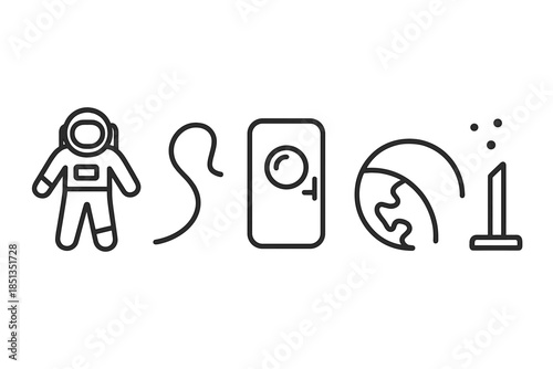 Spacewalk Line Art. Line vector icons of space tourism walkout: human in EVA form, rope line, exit hatch, orbital Earth arc,