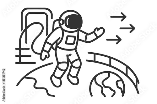 Spacewalk Line Icons. Line vector icons of tourist spacewalk: suited figure, tether line, airlock frame, Earth curve, safety rail,