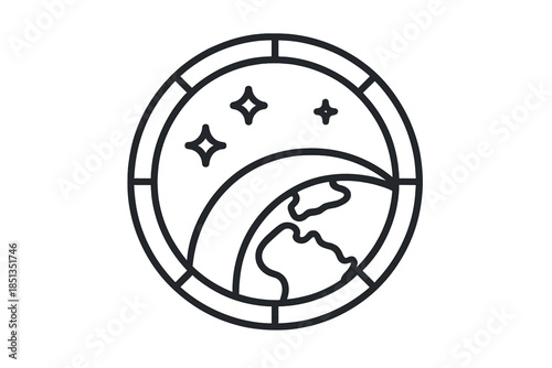 Orbital Resort Icons. Line vector icons of orbital resort Earth sight: round window, globe arc, twinkling stars, panel frame, path