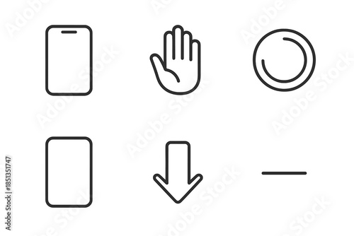 Fasting App Icons. Line vector icons of distraction-free fasting app: phone body, hold icon, duration ring, clean screen,