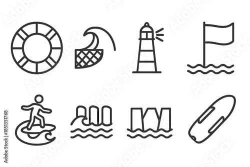 Marine Protection Icons. Line style icons of marine protection elements: lifesaver, wave net, coast beacon, security flag, safe
