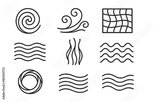 Fluid Weaving Designs. Line style icons of fluid weaving designs: spiral threads, water curls, flow grid, wave texture, liquid