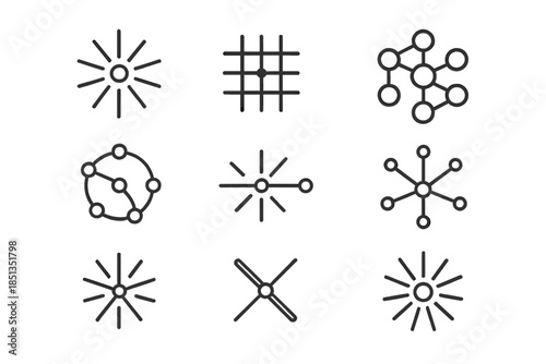 Radiant Linkage Hubs. Line style icons of radiant linkage hubs: luminous dot, beam grid, circular connection, flow arc, energy