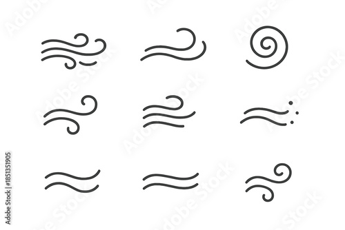 Wind-Whispered Line Icons. Line style icons of wind-whispered alerts: flowing air line, curved motion wave, soft spiral, gentle
