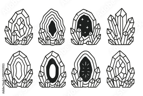 Crystal Cavern Icons. Line style icons of crystal cavity scenes: faceted hollow, layered geode, sparkling void, mineral chamber,