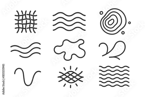 Sea Silk Cartography. Line style icons of sea silk cartography: woven marine grid, layered silk path, underwater filament contour,