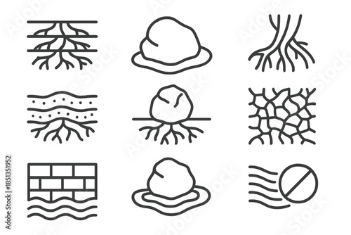 Stone Protection Icons. Line style icons of stone protection root mapping: layered root grid, rock contour, intertwined roots,