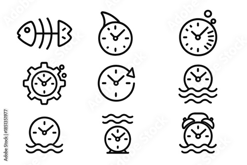 Piscine Timing Icons. Line style icons of piscine timing systems: fishbone clock, dorsal fin hand, gill rhythm disc, underwater