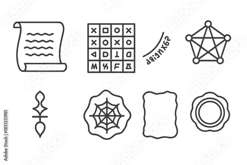 Historical Enigma Icons. Line style icons of historical enigma mapping: aged scroll, coded pattern, mirrored text path, geometric
