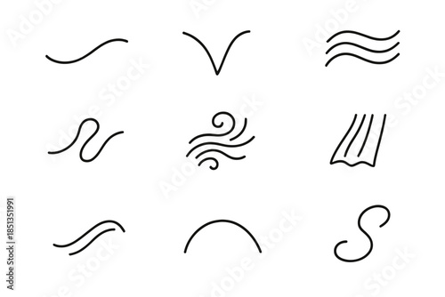 Soft Fold Icons. Line style icons of soft fold indicators: curved line, gentle crease, layered contour, flowing path, airy pattern