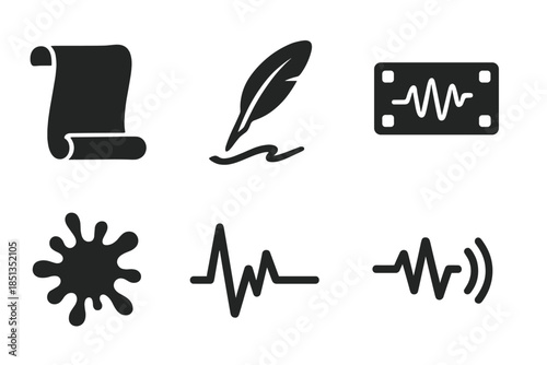 Manuscript Motion Icons. Solid style icons of manuscript motion readers: antique scroll, quill stroke, shock wave, recording strip