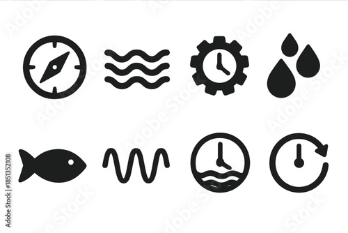 Oceanic Time Icons. Solid style icons of oceanic time devices: compass dial, water flow, clock gear, droplet pattern, fish outline