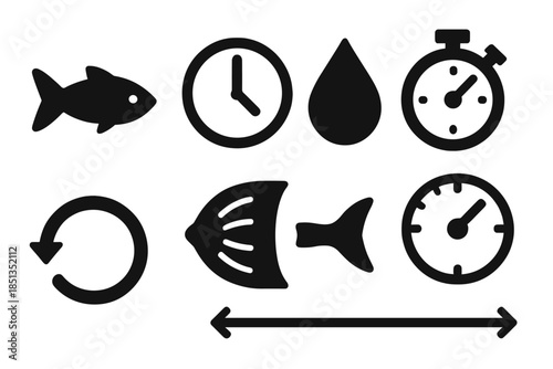 Fish Time Icons. Solid style icons of fish time measurement: fish silhouette, clock hands, droplet mark, timer gauge, circular