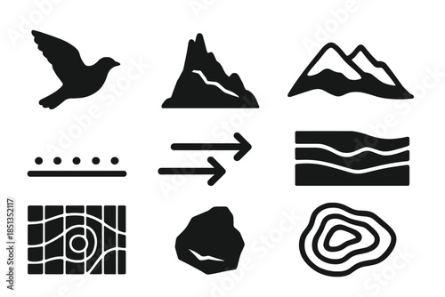 Bird Formation Geology. Solid style icons of bird formation geology: flying bird silhouette, rock ridge, alignment line, mountain