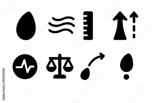 Floating Seed Icons. Solid style icons of floating seed measurement: seed silhouette, airflow lines, ruler icon, motion arrow,