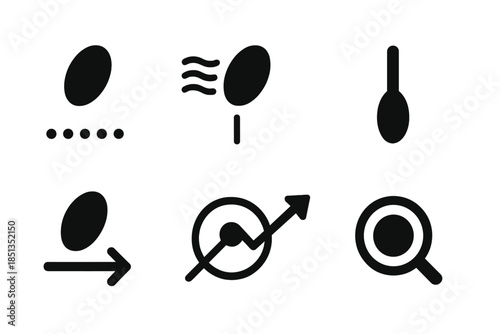 Aerial Seed Icons. Solid style icons of aerial seed alignment: seed silhouette, airflow indicator, alignment line, directional