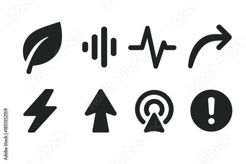 Natural Sound Icons. Solid style icons of natural sound indicators: tree leaf, sound wave, pulse line, flow arrow, energy streak,