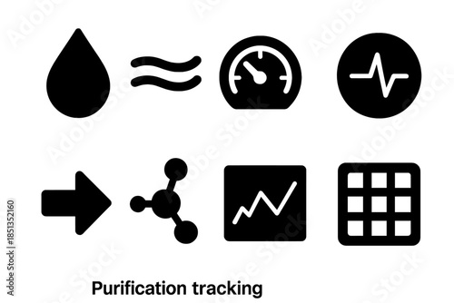 Purification Tracking Icons. Solid style icons of purification tracking: water droplet, flow line, monitoring gauge, pulse circle,