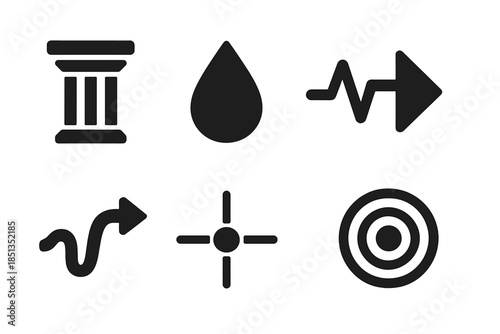 Structural Liquid Icons. Solid style icons of structural liquid signs: column icon, water droplet, pulse line, directional arrow,
