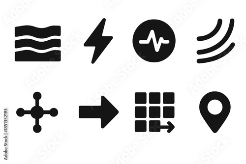 Geological Icons Set. Solid style icons of geological exposure analysis: rock layer, energy icon, pulse circle, flow line, energy