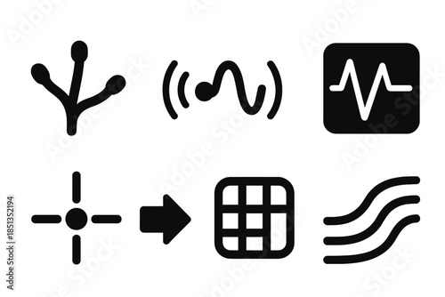 Fungal Motion Icons. Solid style icons of fungal motion research: fungal hyphae, vibration indicator, pulse dot, frequency display