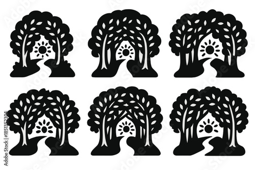 Radiant Grove Pathway. Solid style icons of a grove of light leading inward: radiant grove path, luminous canopy tunnel, glowing