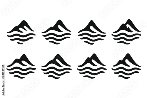 Flowing Mountain Path. Solid style icons of water waves defining a mountain path: flowing ridge line, liquid contour trail,