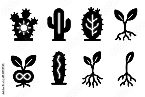 Glowing Cactus Icon. Solid style icons of a glowing gas in a hardy plant: radiant cactus core, light-charged stem, xenon-reactive