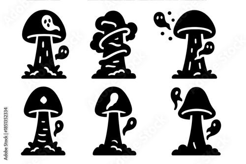 Haunted Mycelium Icons. Solid style icons of haunted mycelium towers: glowing ghost fungus, mist-wrapped column, spectral spore