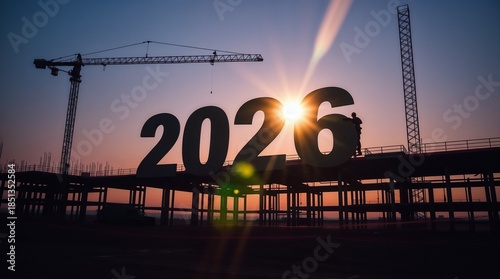 Construction Workers Building 2026 at dusk Teamwork, progress, construction, future, new year. Silhouetted workers build a large 2026 structure