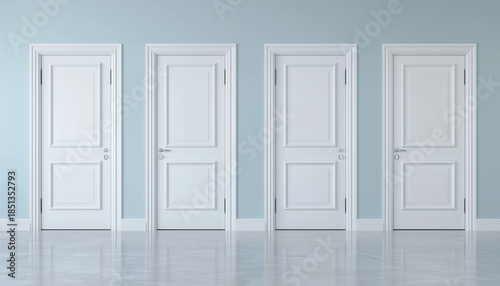 Four white doors against a blue wall, with one door slightly open revealing bright light.