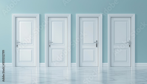 Four white doors against a blue wall, with one door slightly open revealing bright light.