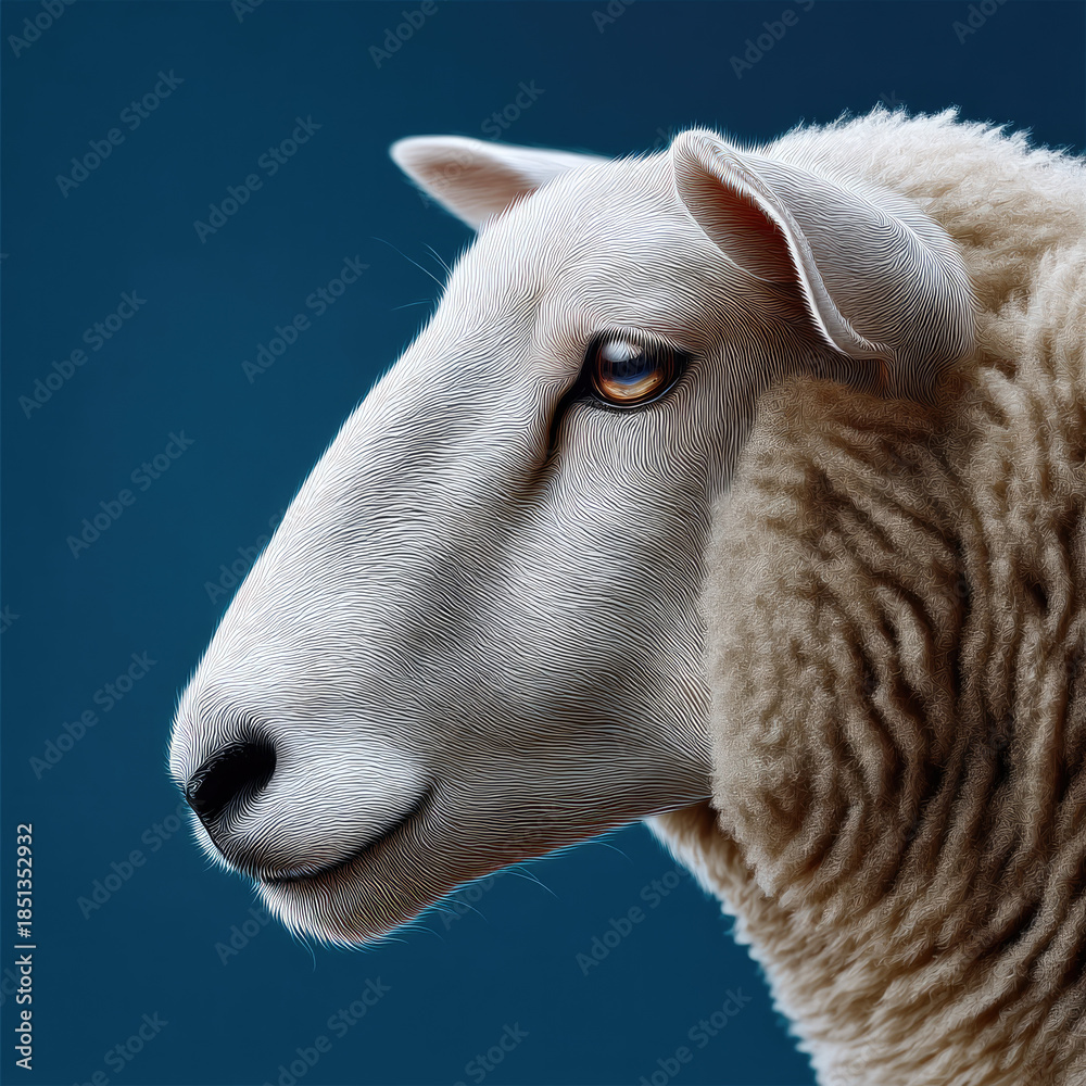 Obraz premium White sheep side view with soft wool, blue background, calm expression, detailed fur texture, animal portrait