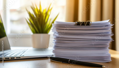 Large stack of documents with binder clips on office desk.