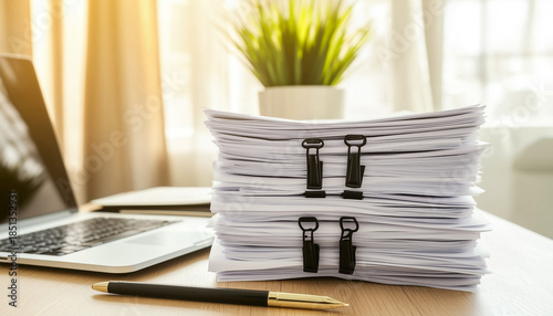 Large stack of documents with binder clips on office desk.