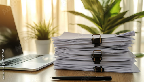 Large stack of documents with binder clips on office desk.