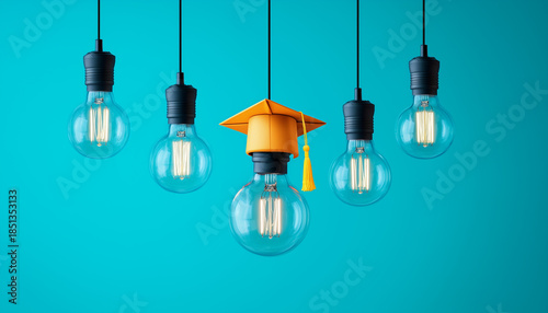 Illuminated light bulb with graduation cap among unlit bulbs on blue background.