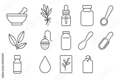 Herbal Apothecary Icons. Line style icons of Herbal Apothecary: Mortar and Pestle, Herb Bundle, Tincture Bottle, Measuring Spoon;
