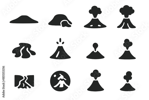 Planetary Volcanic Icons. Solid style icons of volcanic activity on planets: shield volcano, lava dome, caldera, erupting plume,