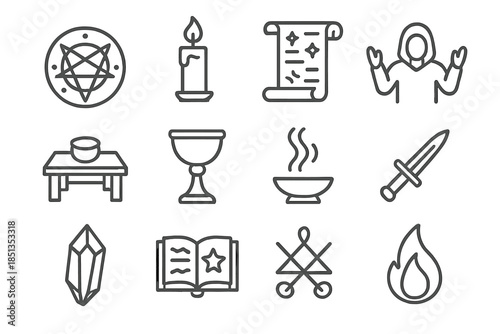 Arcane Ritual Icons. Line style icons of arcane rituals: summoning circle, magic candle, open scroll, chanting figure; altar,
