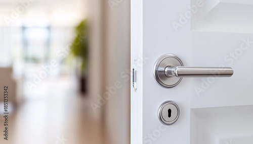 Close-up of a sleek metallic door handle on a light wood door, realistic style, indoor blurred hallway background, concept of modern